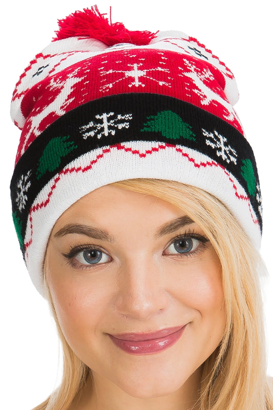 Christmas Single Pom Cuffed Beanie. Snowflake + Deer