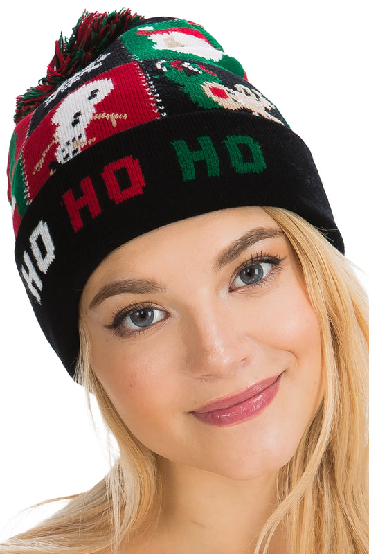 Christmas Single Pom Cuffed Beanie. Ho Ho Ho