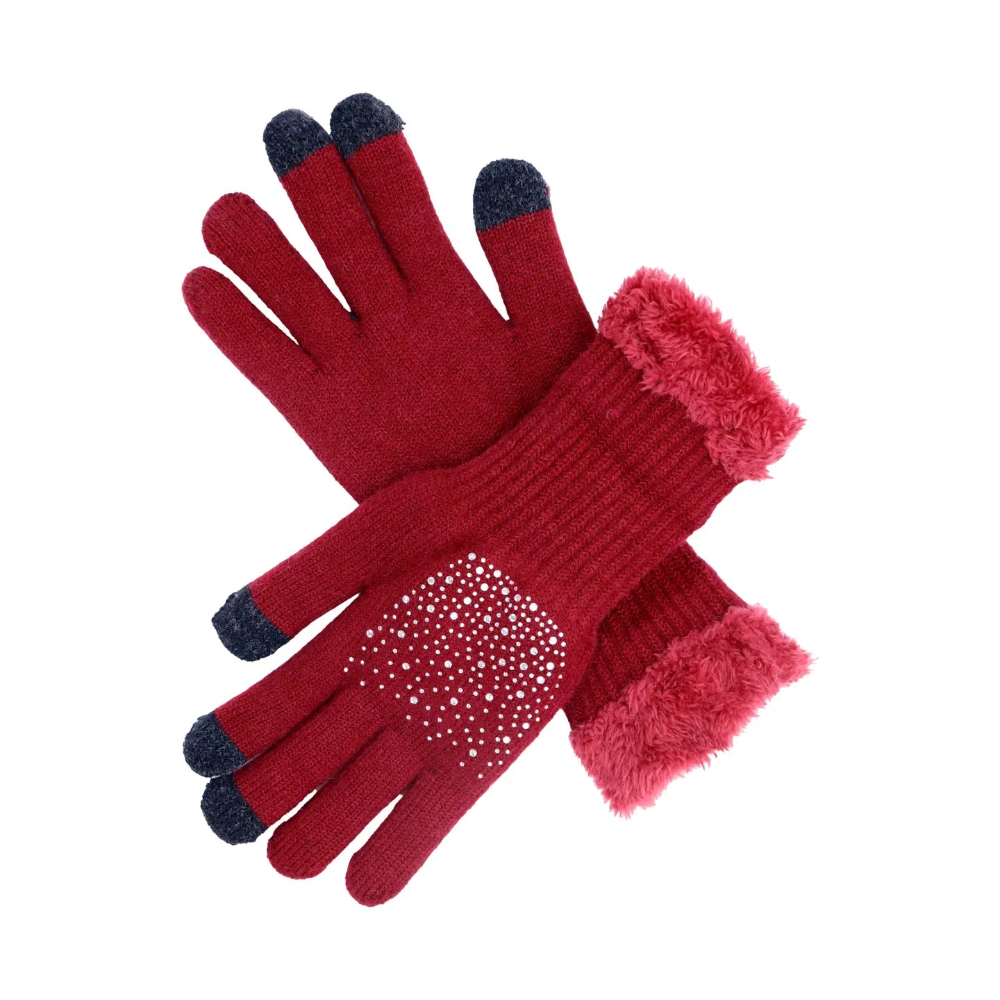 Women’s Embellished Fleece-Lined Knit Gloves - Burgundy