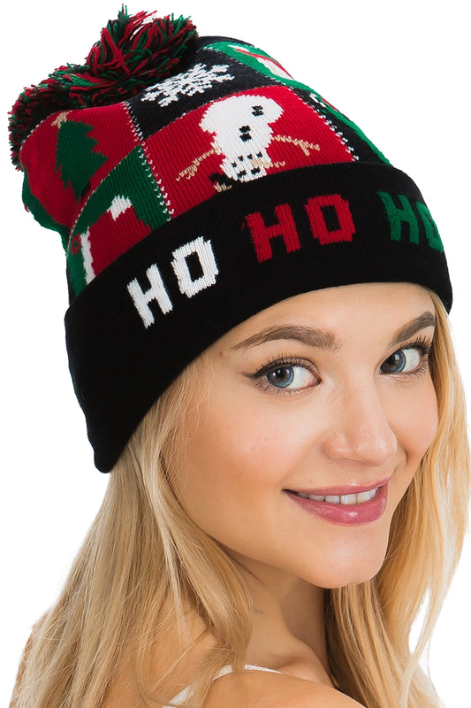 Christmas Single Pom Cuffed Beanie. Ho Ho Ho