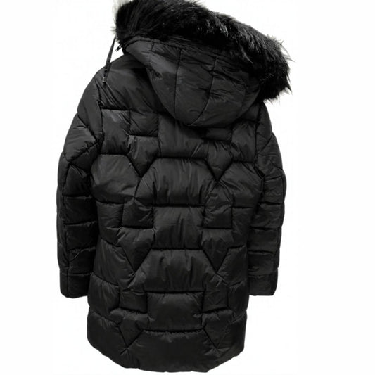 Women's Long Quilted Puffer Jacket with Detachable Hood & Faux Fur Trim Black