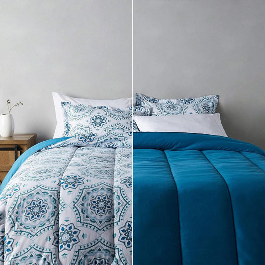 Queen Size Comforter Set. Colour – Light Blue Medallion.