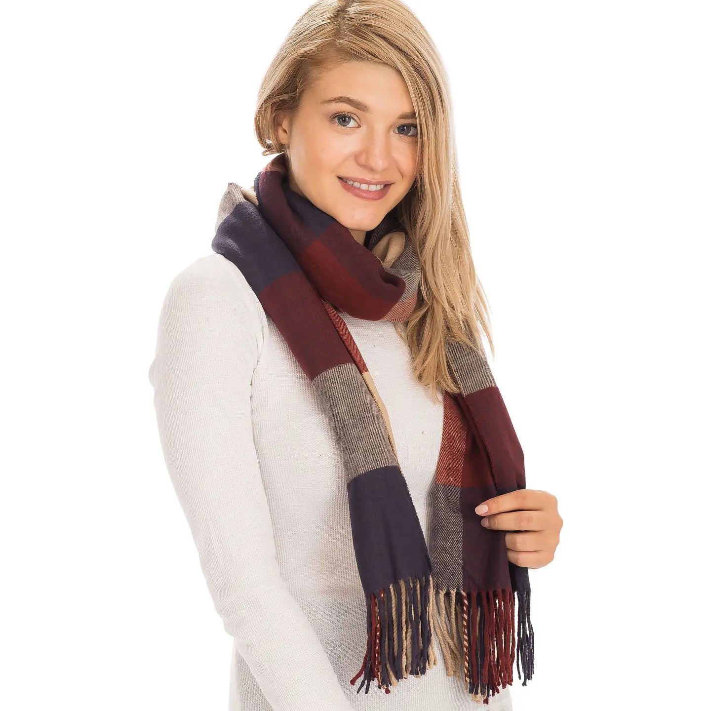 Windowpane Plaid Vegan Cashmere Long Wrap Scarf: BURGUNDY/BEIGE