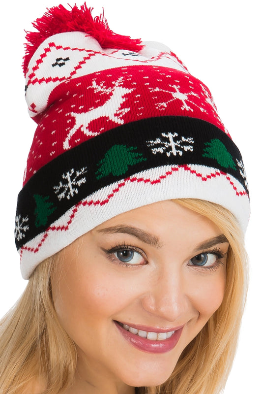 Christmas Single Pom Cuffed Beanie. Snowflake + Deer