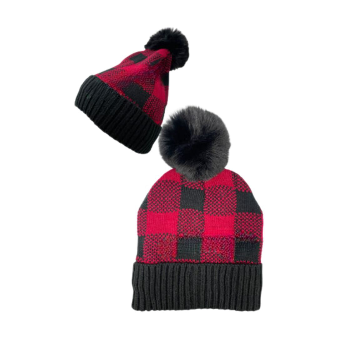 Buffalo Check Pom Beanie – Red & Black