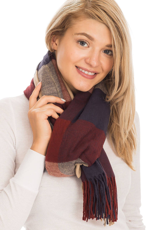Windowpane Plaid Vegan Cashmere Long Wrap Scarf: BURGUNDY/BEIGE