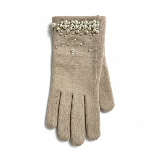 Pearl-Embellished Faux Fur Lined Gloves - Neutral Beige