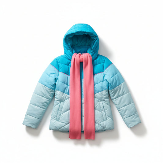 Girls' Pacific Trail Light Blue and Pink Hooded Puffer Jacket.