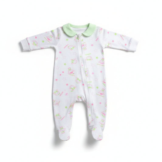 Infant Sleeper - Pink & Green "ladies" print with green collar