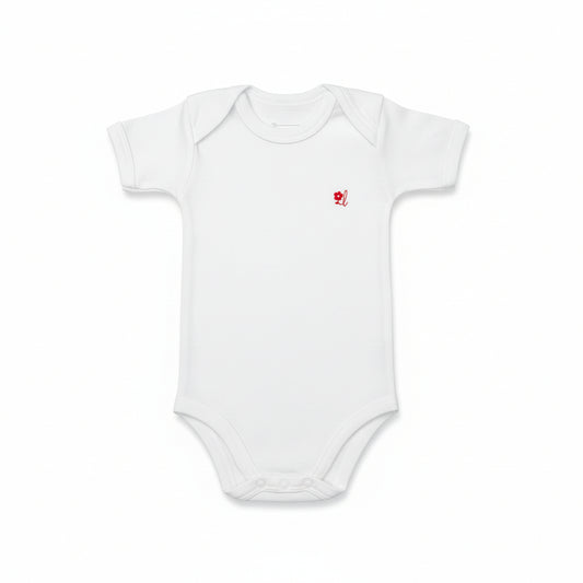 Infant Short Sleeve Bodysuit/Onesie White with red logo