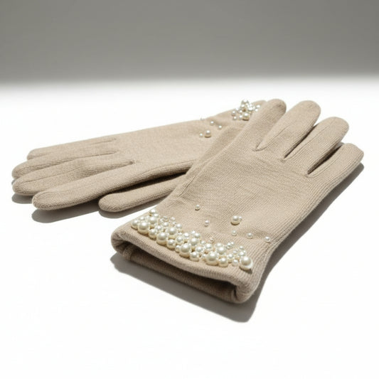 Pearl-Embellished Faux Fur Lined Gloves - Neutral Beige