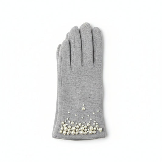 Pearl-Embellished Faux Fur Lined Gloves - Light Grey