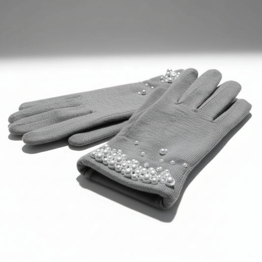 Pearl-Embellished Faux Fur Lined Gloves - Light Grey