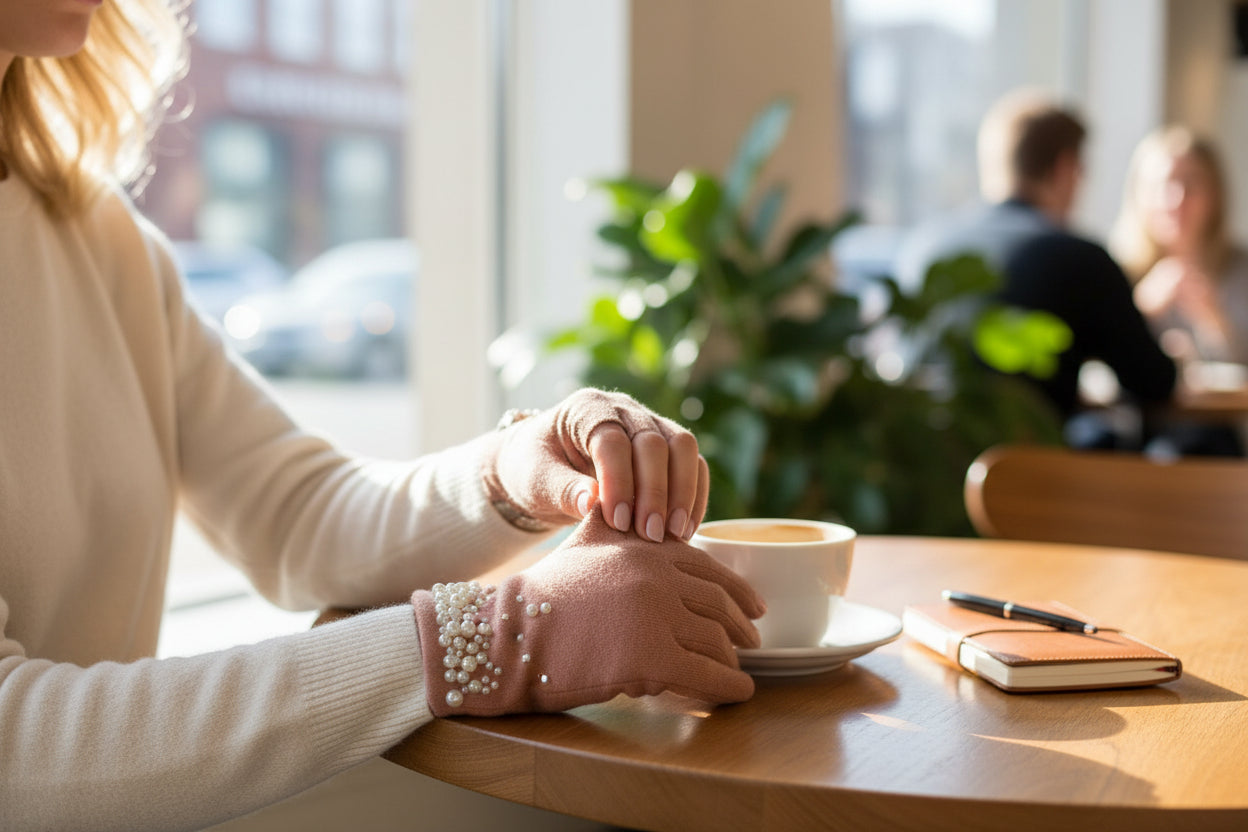 Pearl-Embellished Faux Fur Lined Gloves - Soft Pink