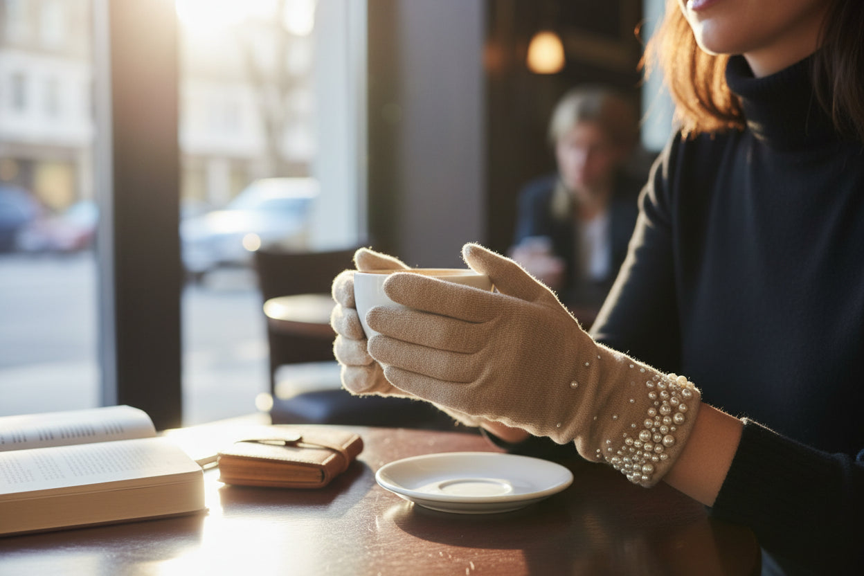 Pearl-Embellished Faux Fur Lined Gloves - Neutral Beige