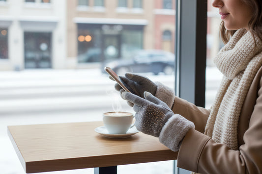 Women’s Embellished Fleece-Lined Knit Gloves - Grey
