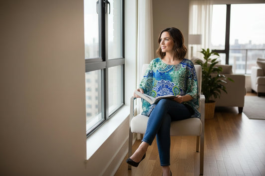 Chiffon Overlay Blouse with Built-In Tank – Blue & Green Print