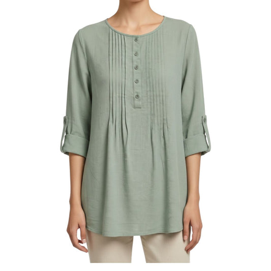 100% Cotton Pleated Longline Top by Fiori. Sage Green
