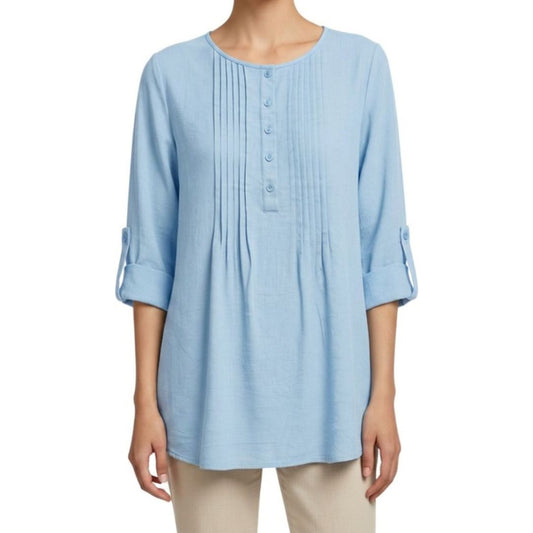 100% Cotton Pleated Longline Top by Fiori. Sky Blue