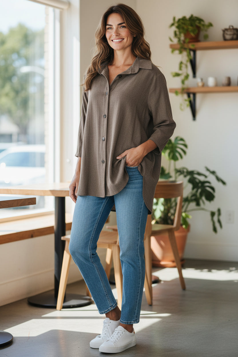 Made-in-Canada Linen Blend Button-Up. Oatmeal/Taupe Light Brown