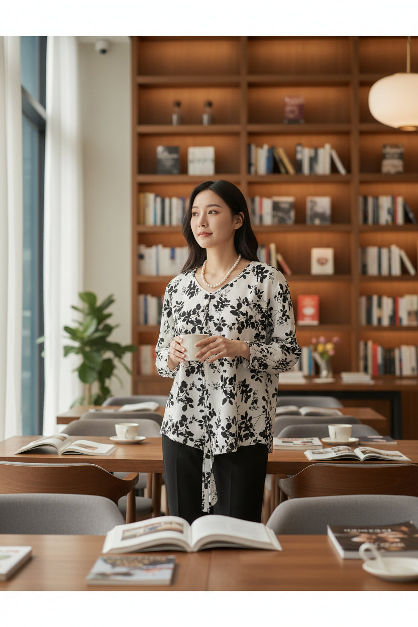 White and Black Floral Blouse by Creation