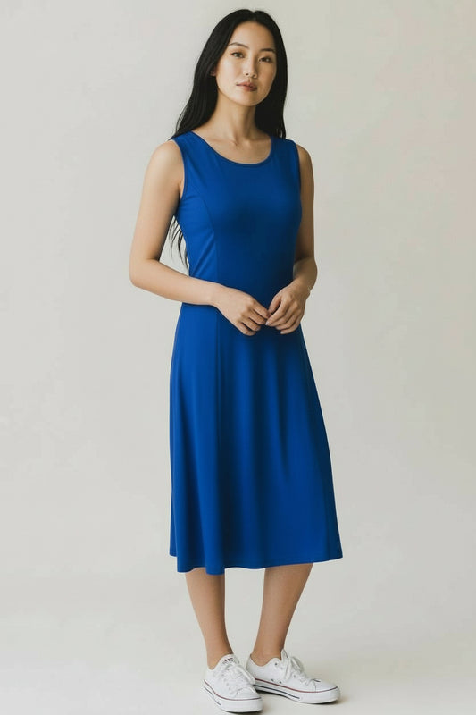 Solid Fit & Flare Sleeveless Dress by Fiori. Blue