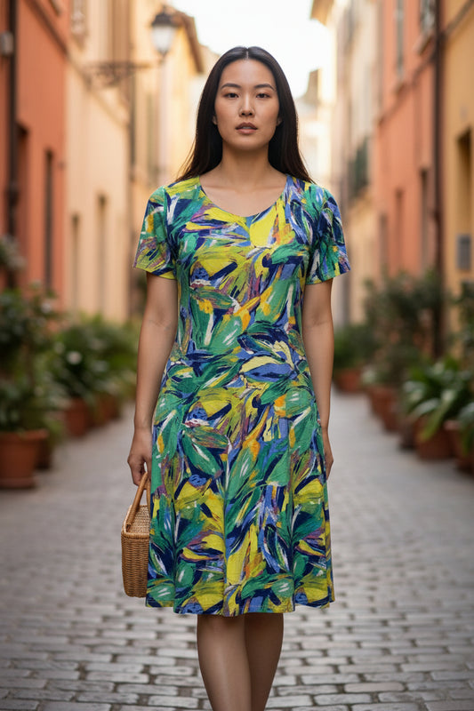 Abstract Dress brushstroke-inspired tropical print in rich greens