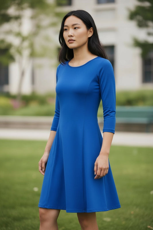 Solid Fit & Flare Dress by Fiori. Blue