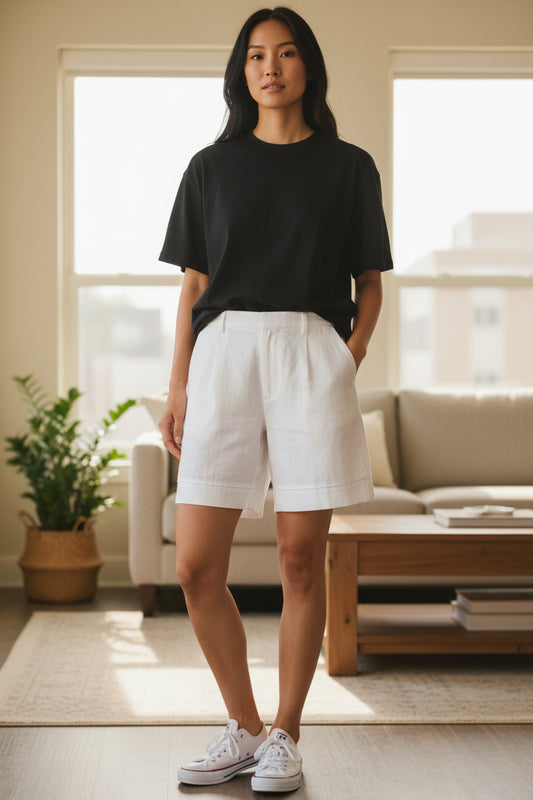 100% Linen Bermuda Shorts – White