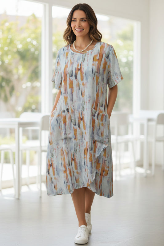 Printed Midi Dress with Asymmetrical Hem – Orange Multi