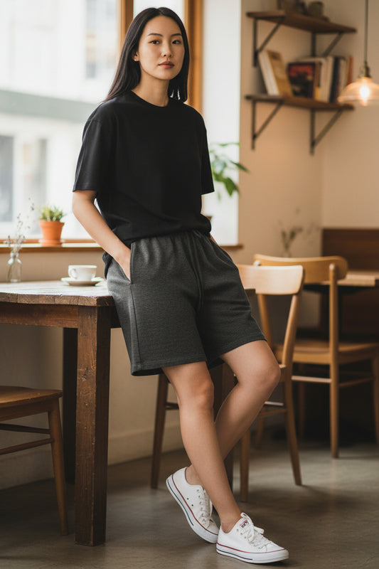 Effortless Cotton Drawstring Shorts. Black