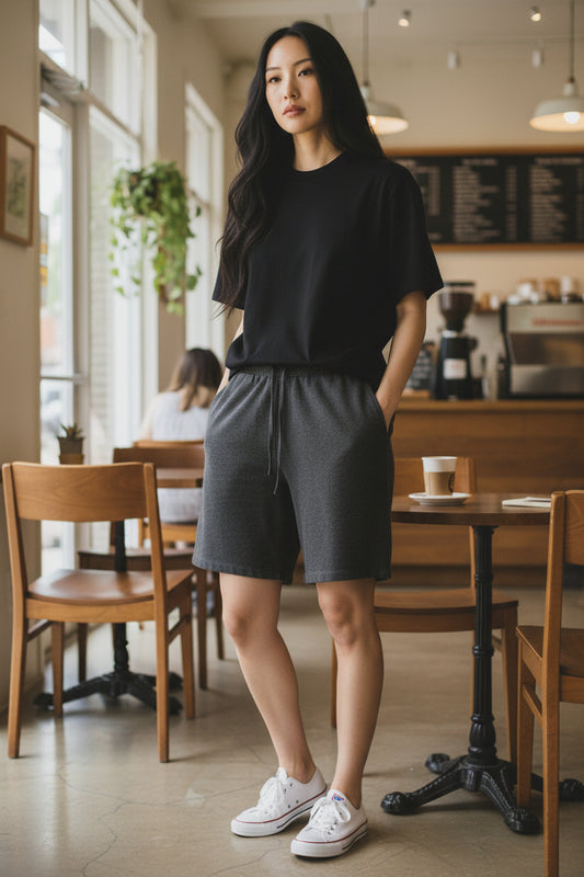 Effortless Cotton Drawstring Shorts. Black