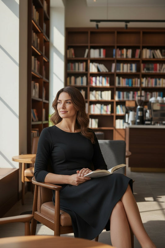 Solid Fit & Flare Dress by Fiori. Black