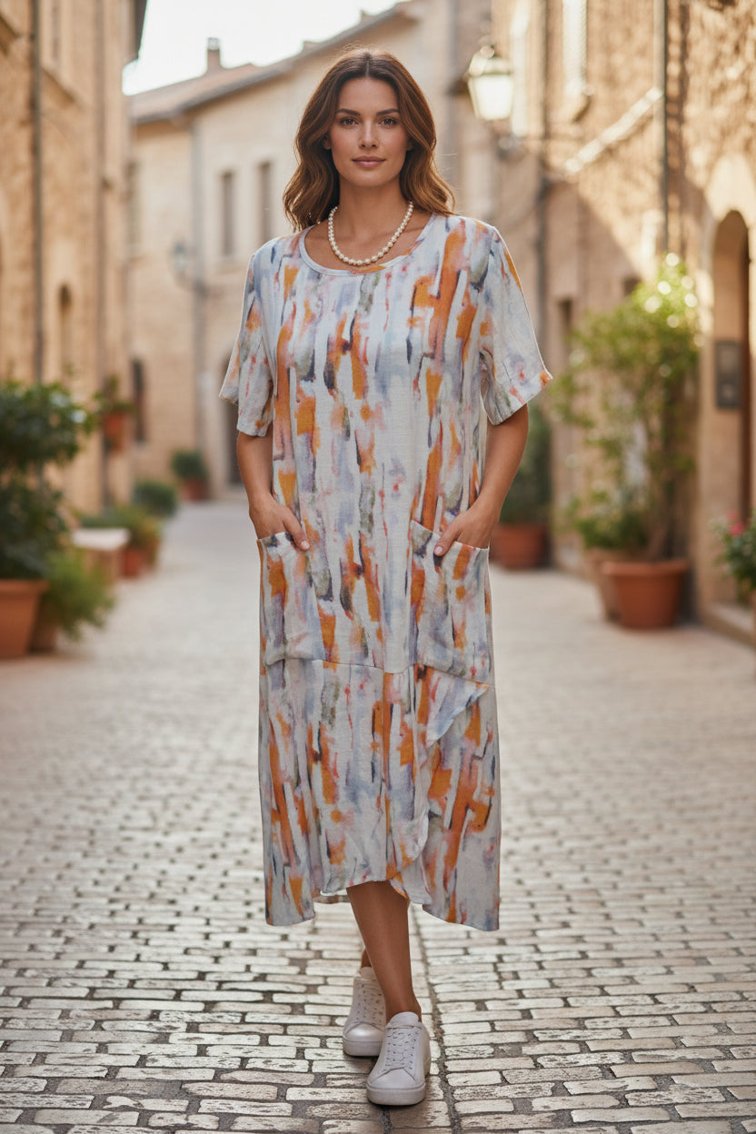 Printed Midi Dress with Asymmetrical Hem – Orange Multi