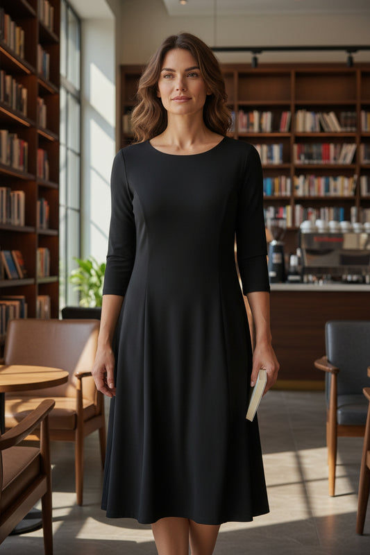 Solid Fit & Flare Dress by Fiori. Black