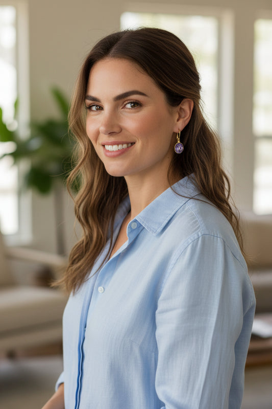 Round Swarovski® Crystal Leverback Earrings Gold/Purple