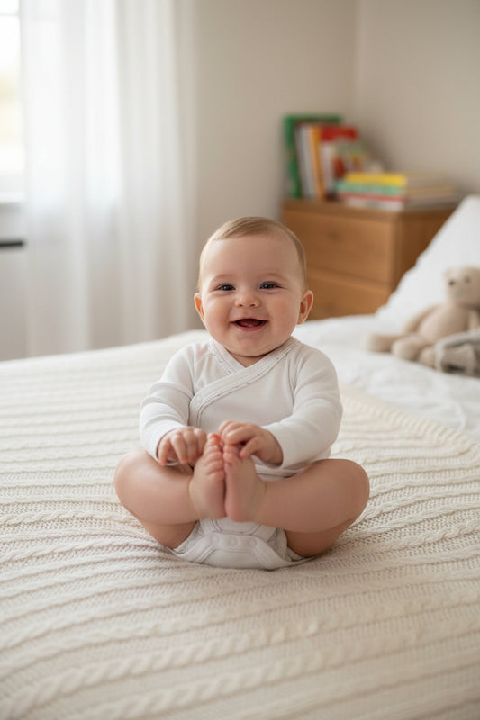 Infant Long Sleeve Bodysuit/Onesie White with blue/red dot trim