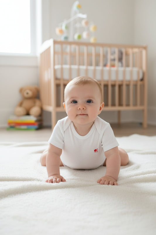 Infant Short Sleeve Bodysuit/Onesie White with red logo