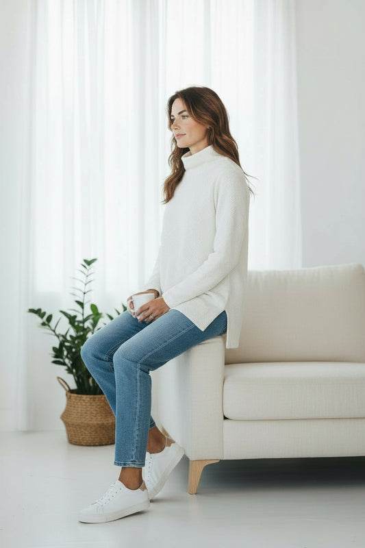 Flutter Neck Pullover. White