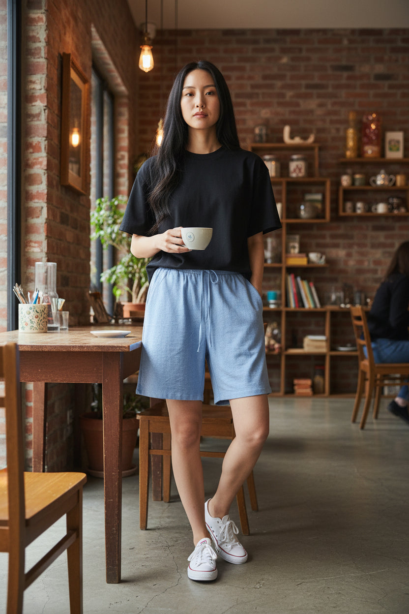 Effortless Cotton Drawstring Shorts. Sky Blue.