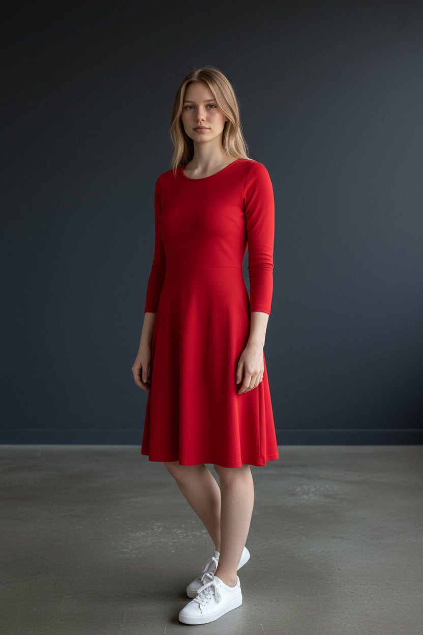 Solid Fit & Flare Dress by Fiori. Red