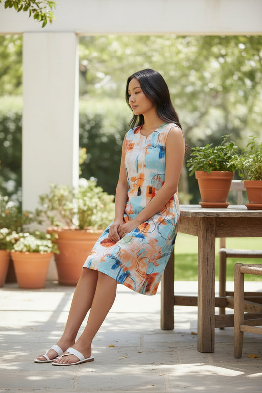 Abstract Painterly Circle Print — Sleeveless Dress