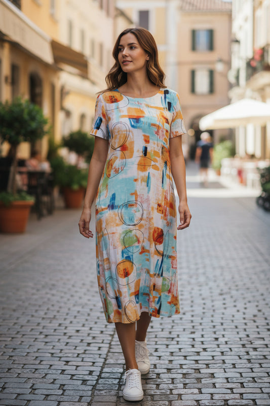 Abstract Painterly Circle Print — Dress (Short Sleeve, with Pockets)