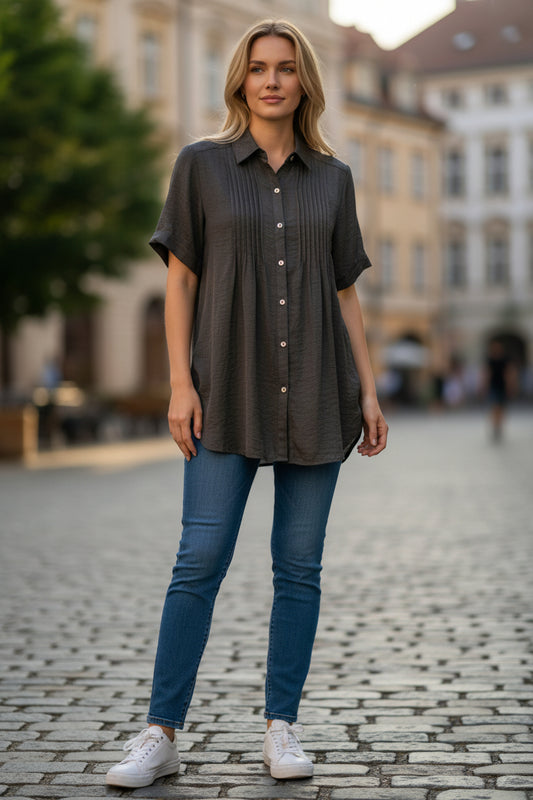 Black Button-Up Tunic with Adjustable Side Tabs