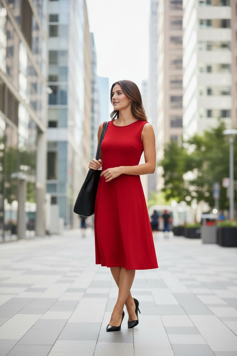 Solid Fit & Flare Sleeveless Dress by Fiori. Red