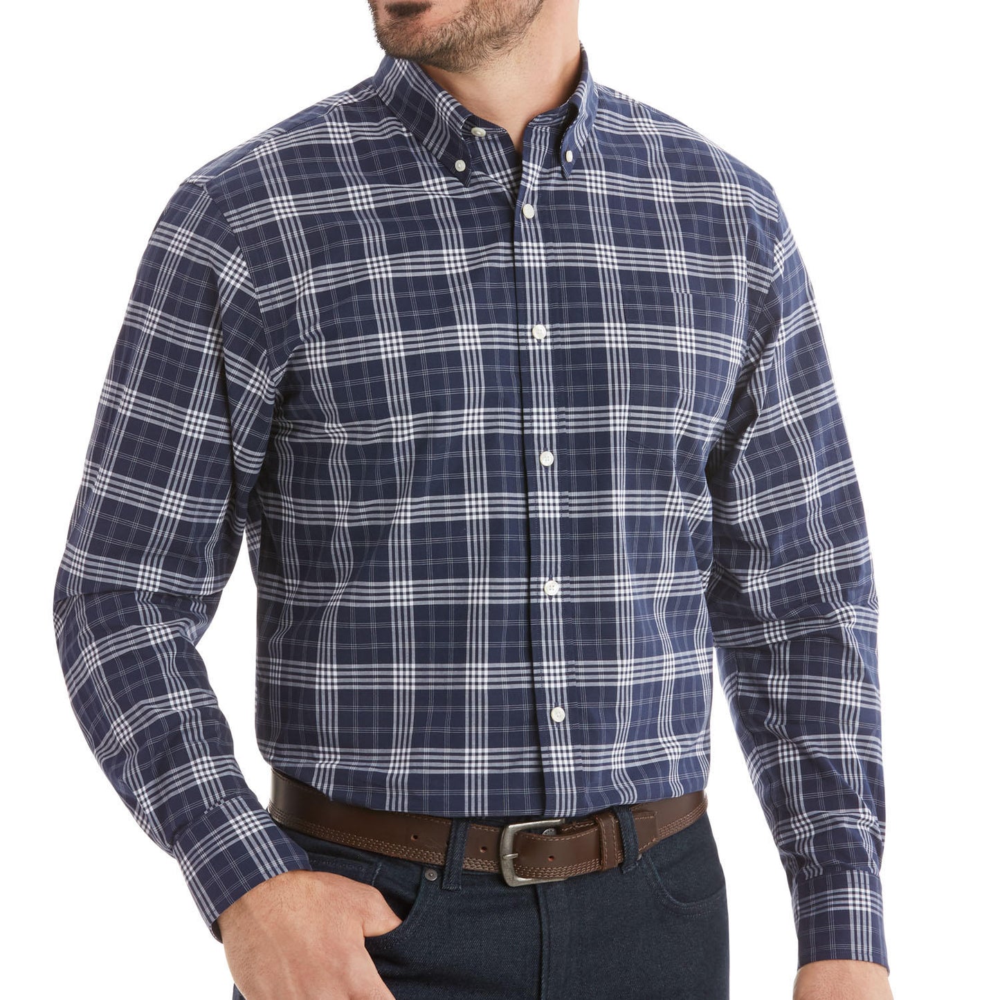 Member's Mark Men's Woven Poplin Shirt. Blue Plaid.