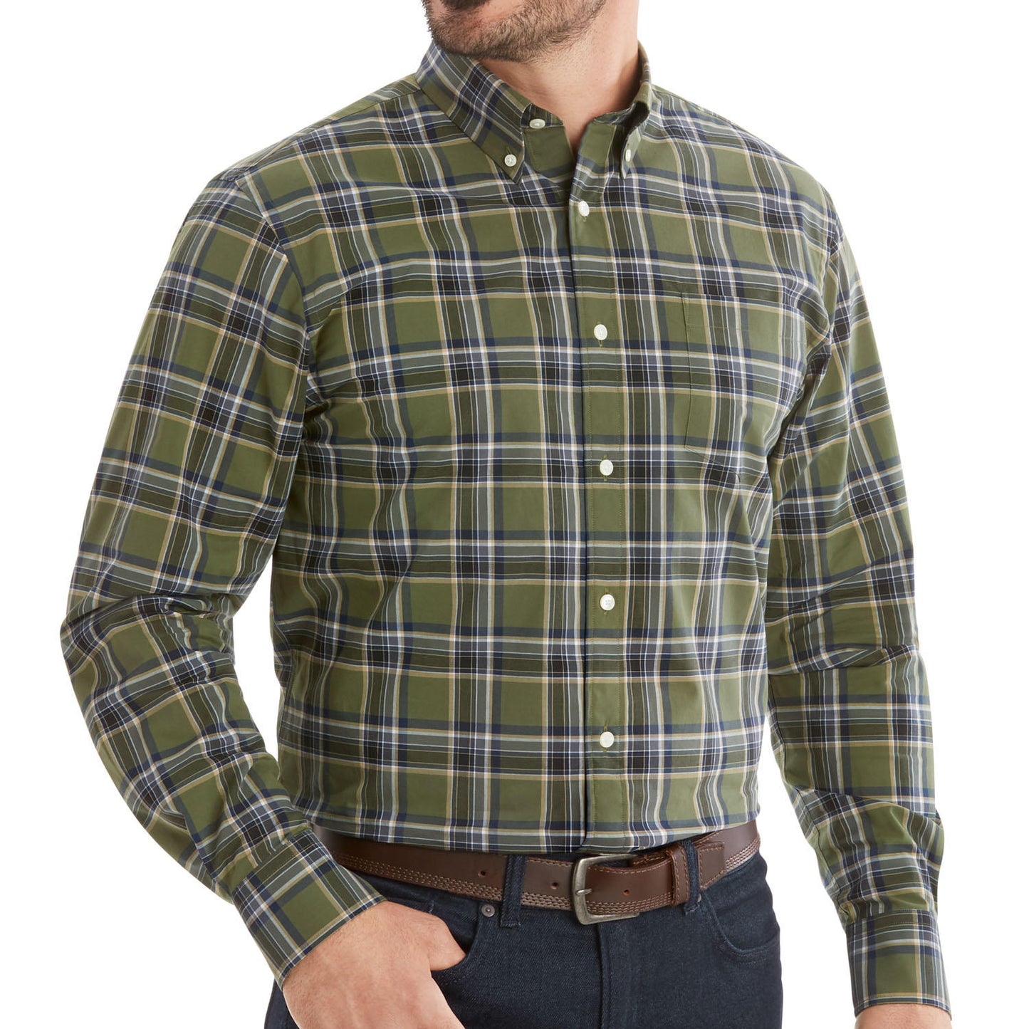 Member's Mark Men's Woven Poplin Shirt. Green Plaid.