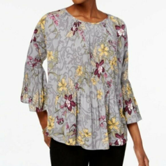 Charter Club Pleated Floral-Print Blouse. Size L. MSRP $80