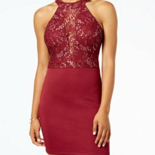 B. Darlin Juniors' Metallic Lace Bodycon Dress. MSRP $110