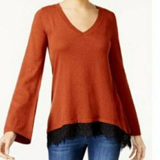 Style & Co V-Neck Sweater. Auburn with Black Lace-Trim. MSRP $50